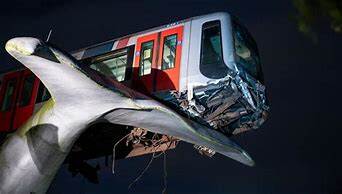 Een metro heeft een incident gehad. De metro is gehavend en staat op een kunstwerk van een walvis.